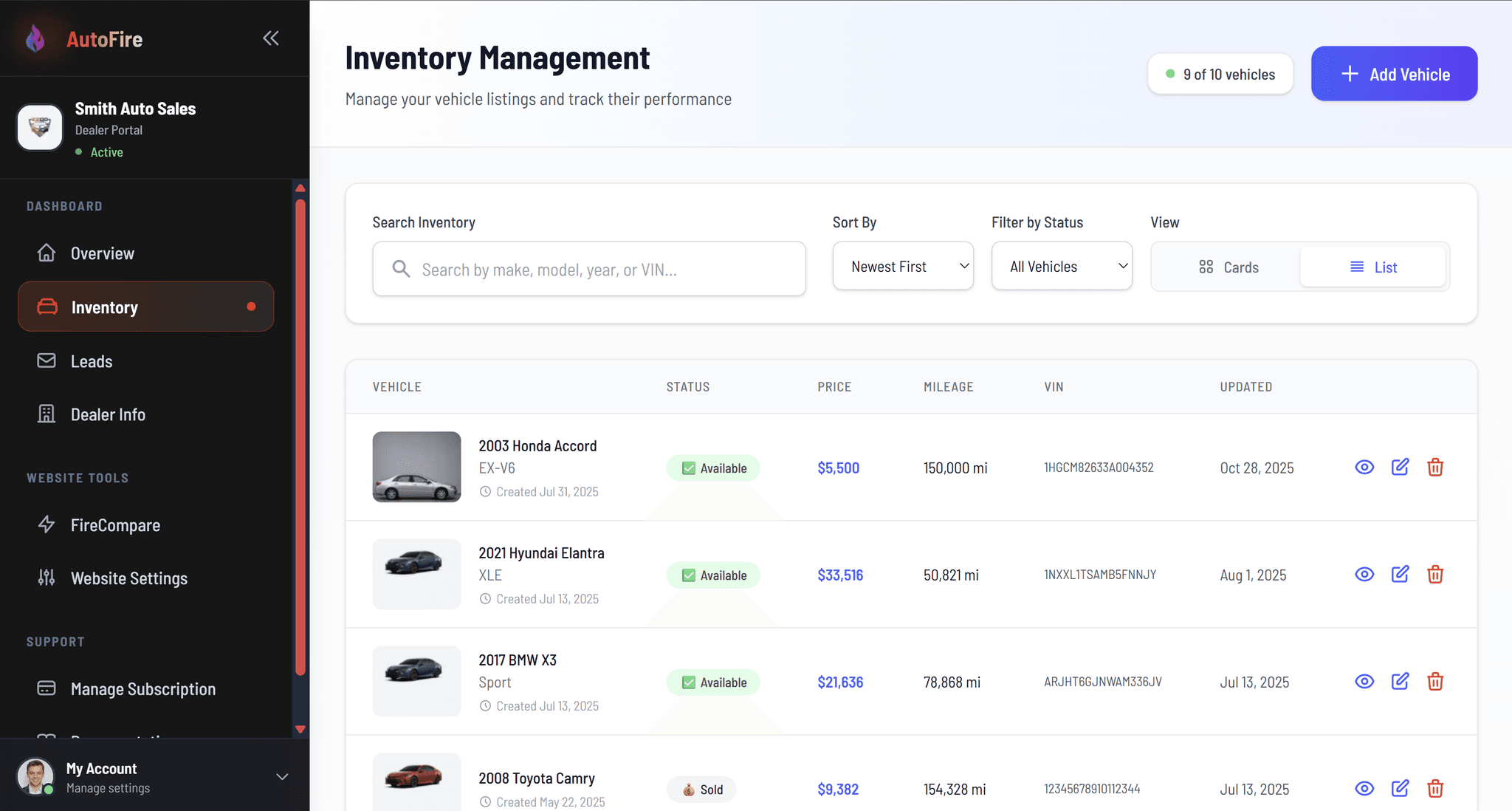 AutoFire dashboard showing dealership website and inventory management tools