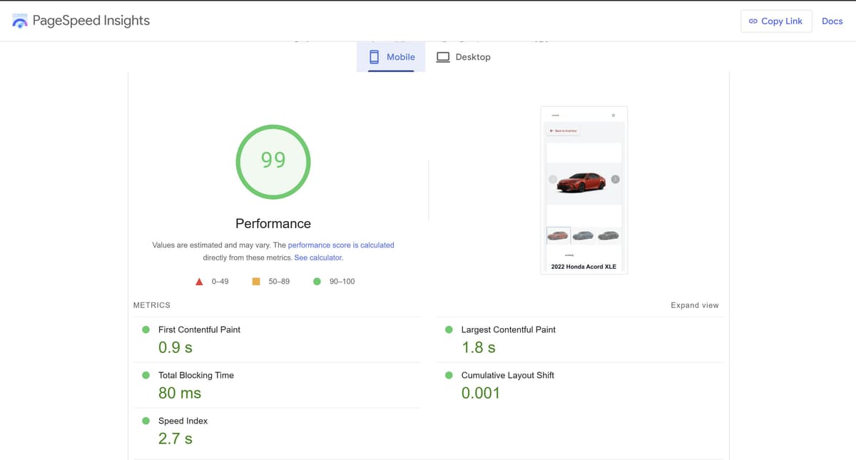 AutoFire used car dealer website achieving 99 PageSpeed score