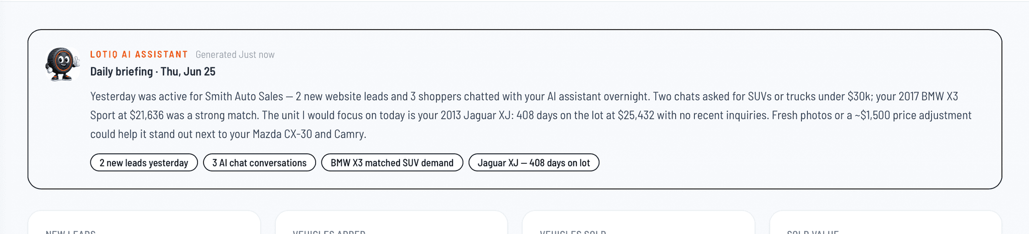 LotIQ AI Assistant daily briefing on the AutoFire dealer dashboard with inventory and lead insights