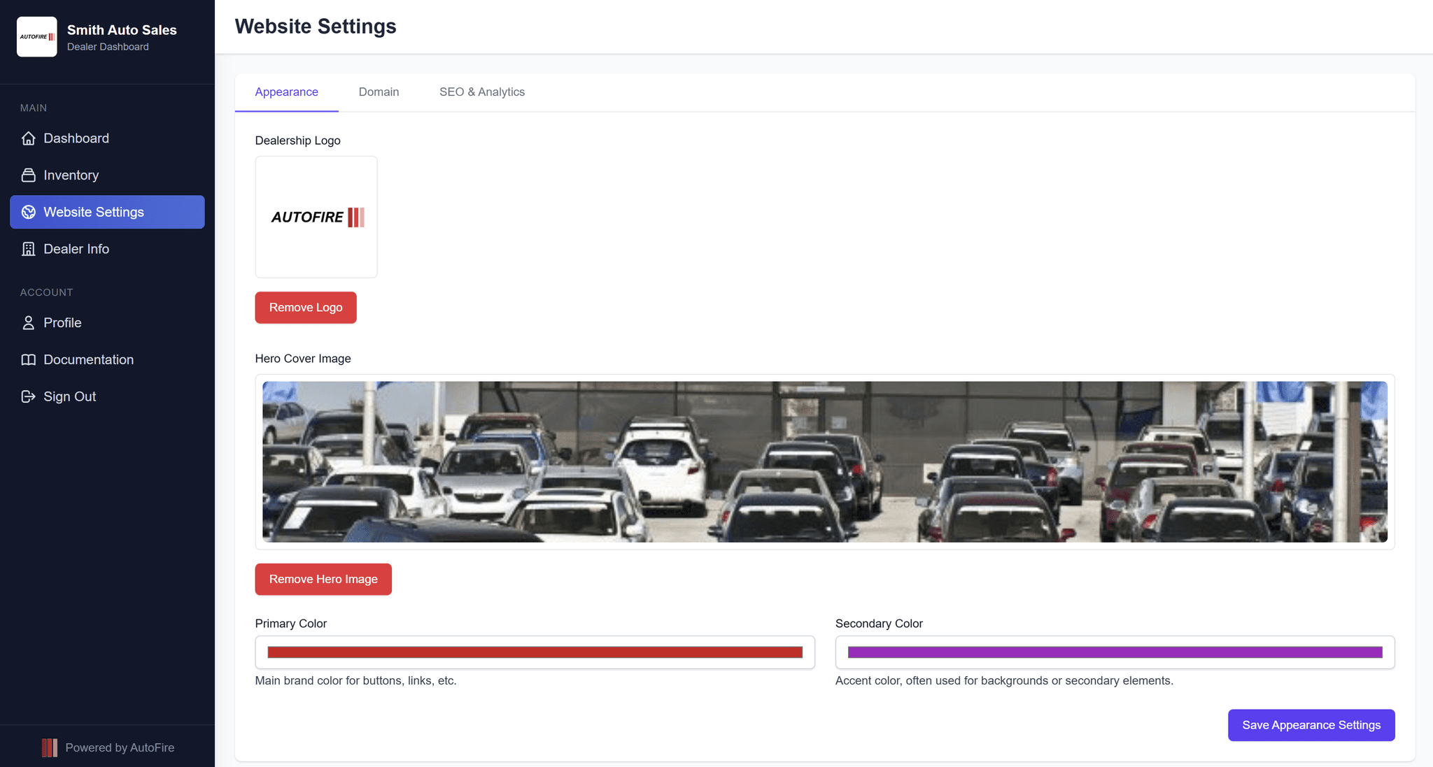 AutoFire website customization dashboard