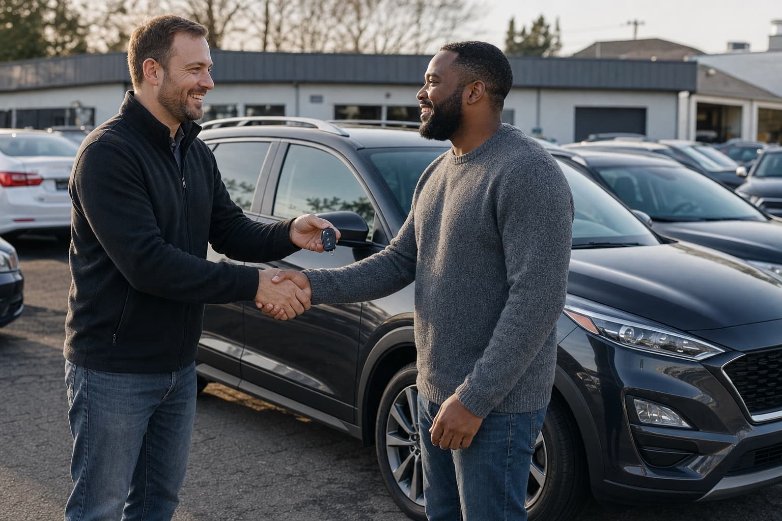 An independent dealer handing vehicle keys to a customer on the lot