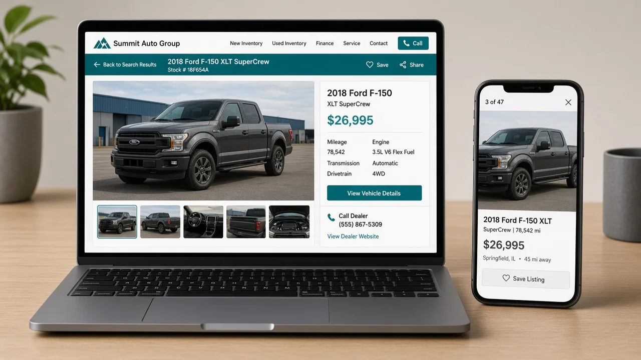 Same used truck shown on a dealer VDP and on a third-party marketplace ad card