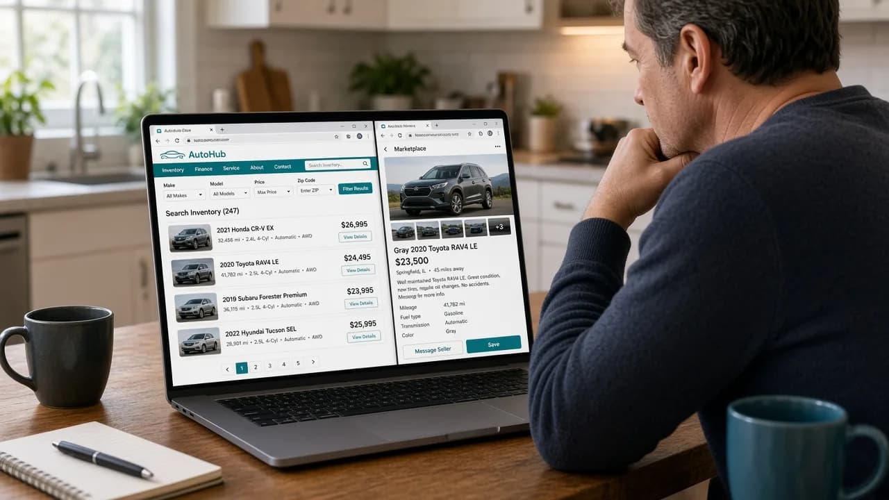 Shopper comparing a dealer website inventory list next to a Cars.com marketplace listing