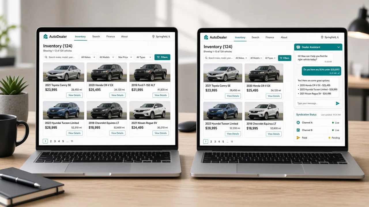 Side-by-side AutoFire dealer websites on the Free plan and a paid plan showing public inventory pages
