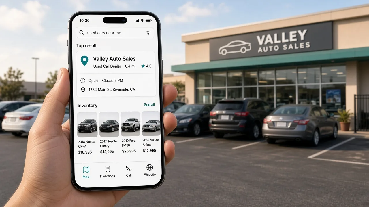 Used car lot storefront with Google Maps pin hours and local inventory search on phone