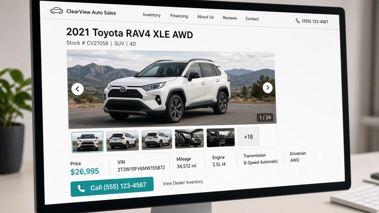 SEO-friendly vehicle detail page with clear title photos price VIN and call to action