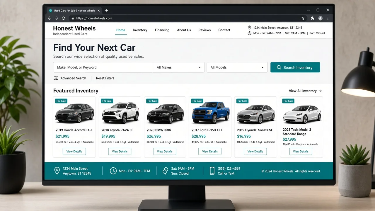 Independent used car dealership website homepage with inventory search and lot contact