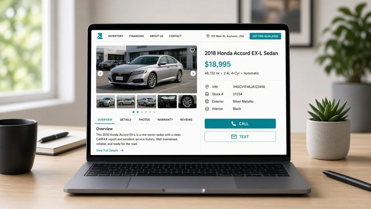 Vehicle detail page on a dealer website showing one used car with price mileage and photos
