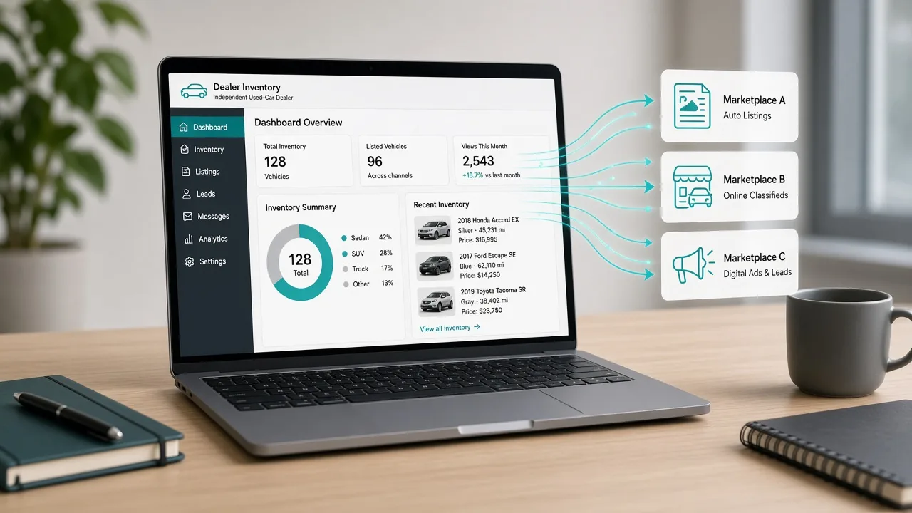 Dealership inventory feed syndicating vehicle listings from one lot site to multiple marketplaces