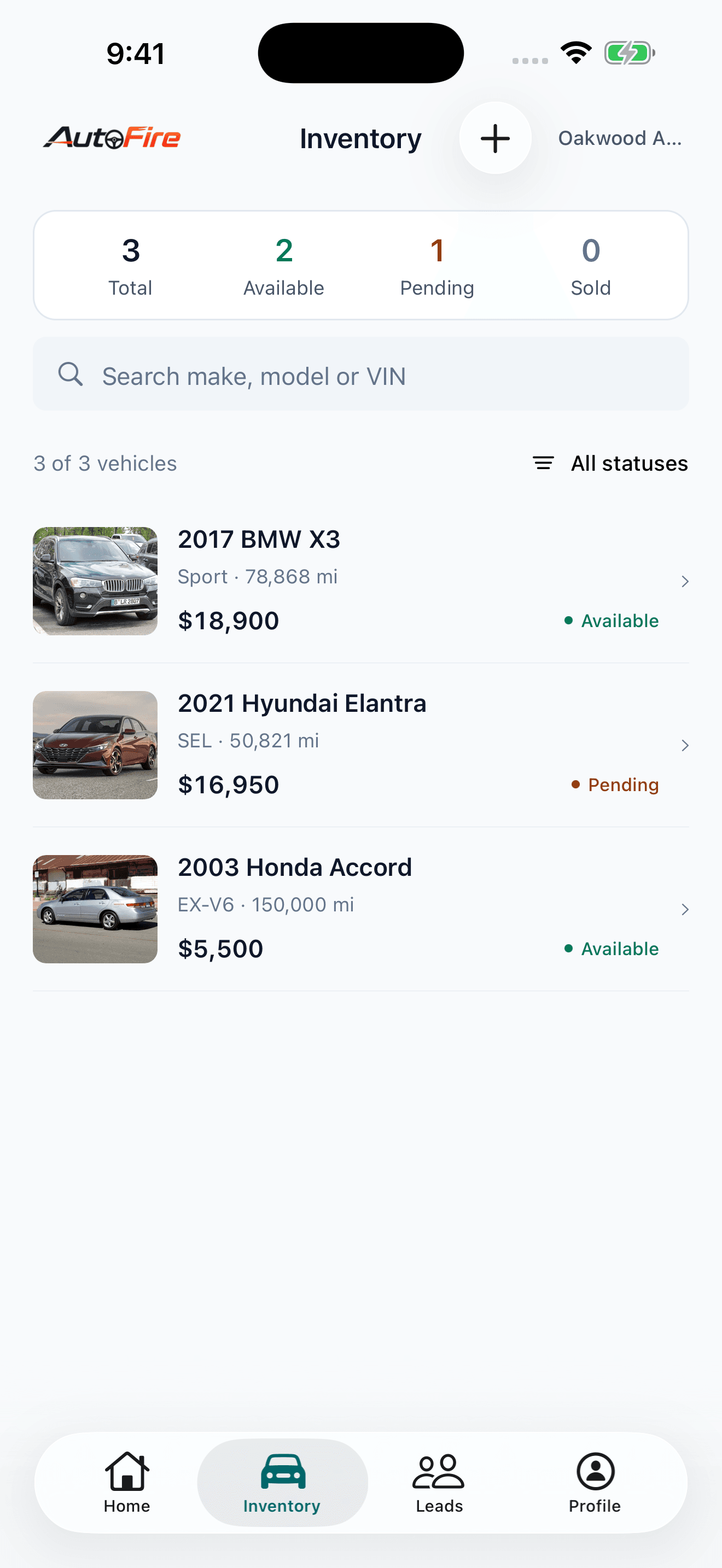 AutoFire Dealer on iPhone showing inventory, vehicle photos, prices, and availability