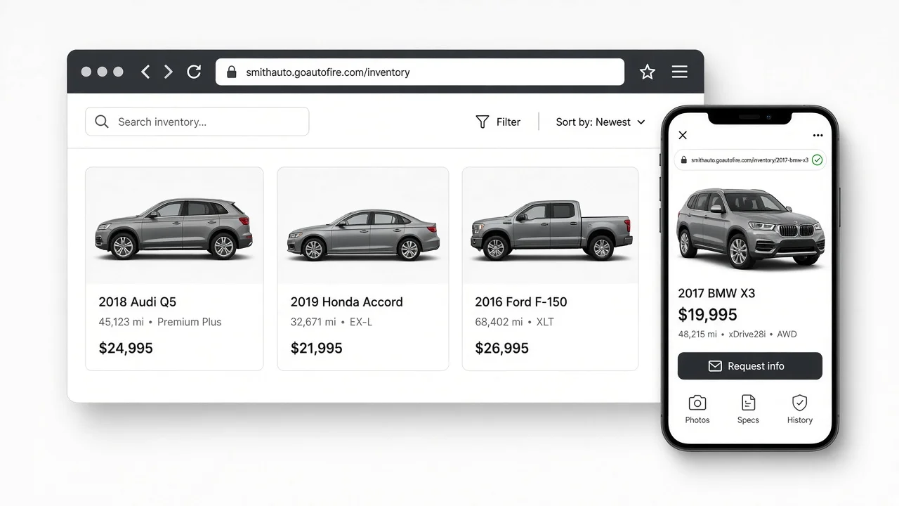Desktop inventory and mobile vehicle detail page mockup for AutoFire dealership SEO with crawlable used-car VDPs