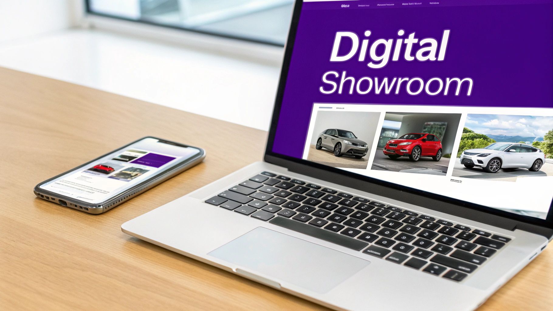 A laptop and smartphone displaying a 'Digital Showroom' website with various car models on a wooden desk.