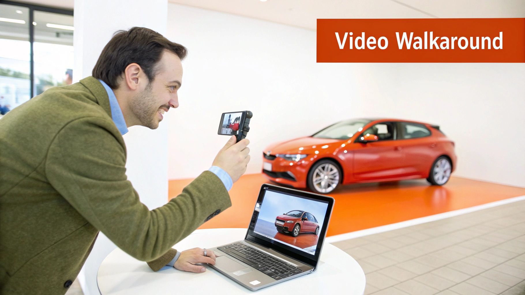 A man records a video walkaround of a red car in a showroom with a smartphone and gimbal.