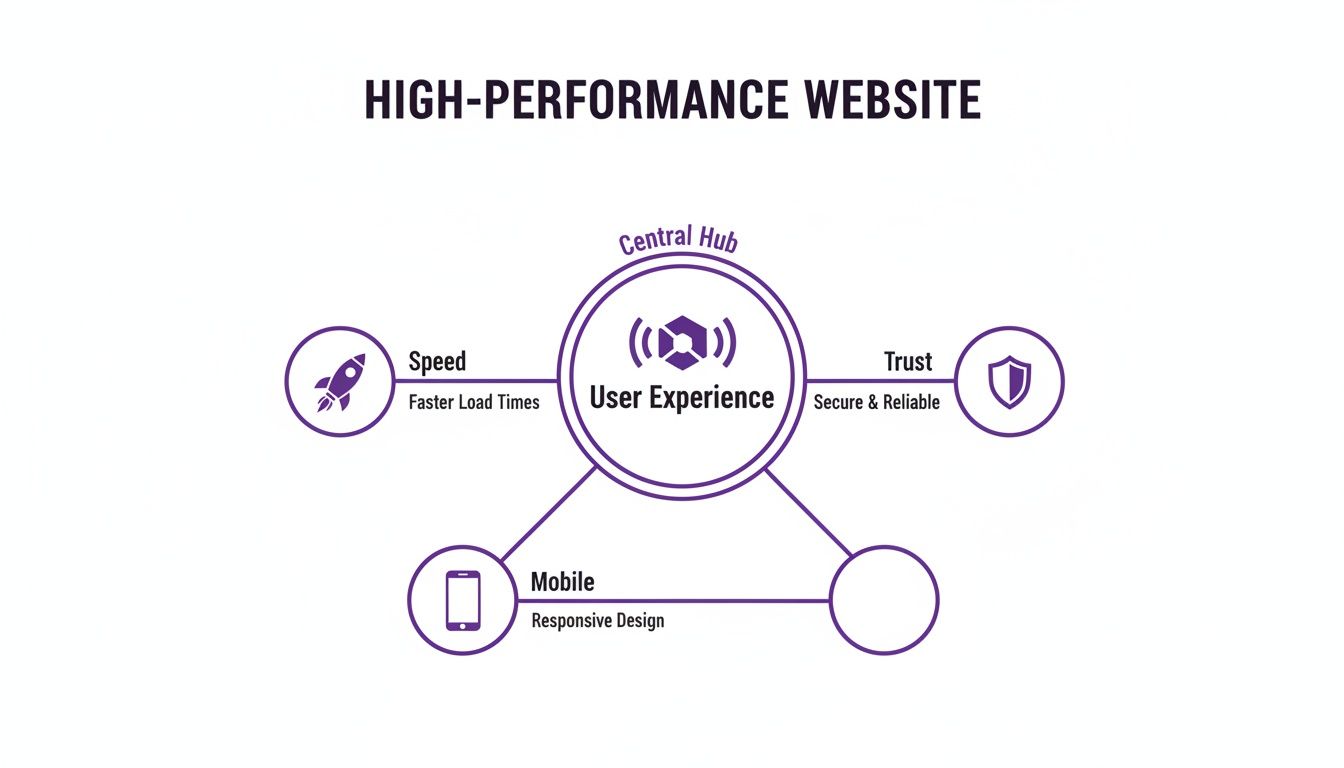 Diagram showing User Experience as the central hub for a high-performance website, connecting speed, trust, and mobile responsiveness.