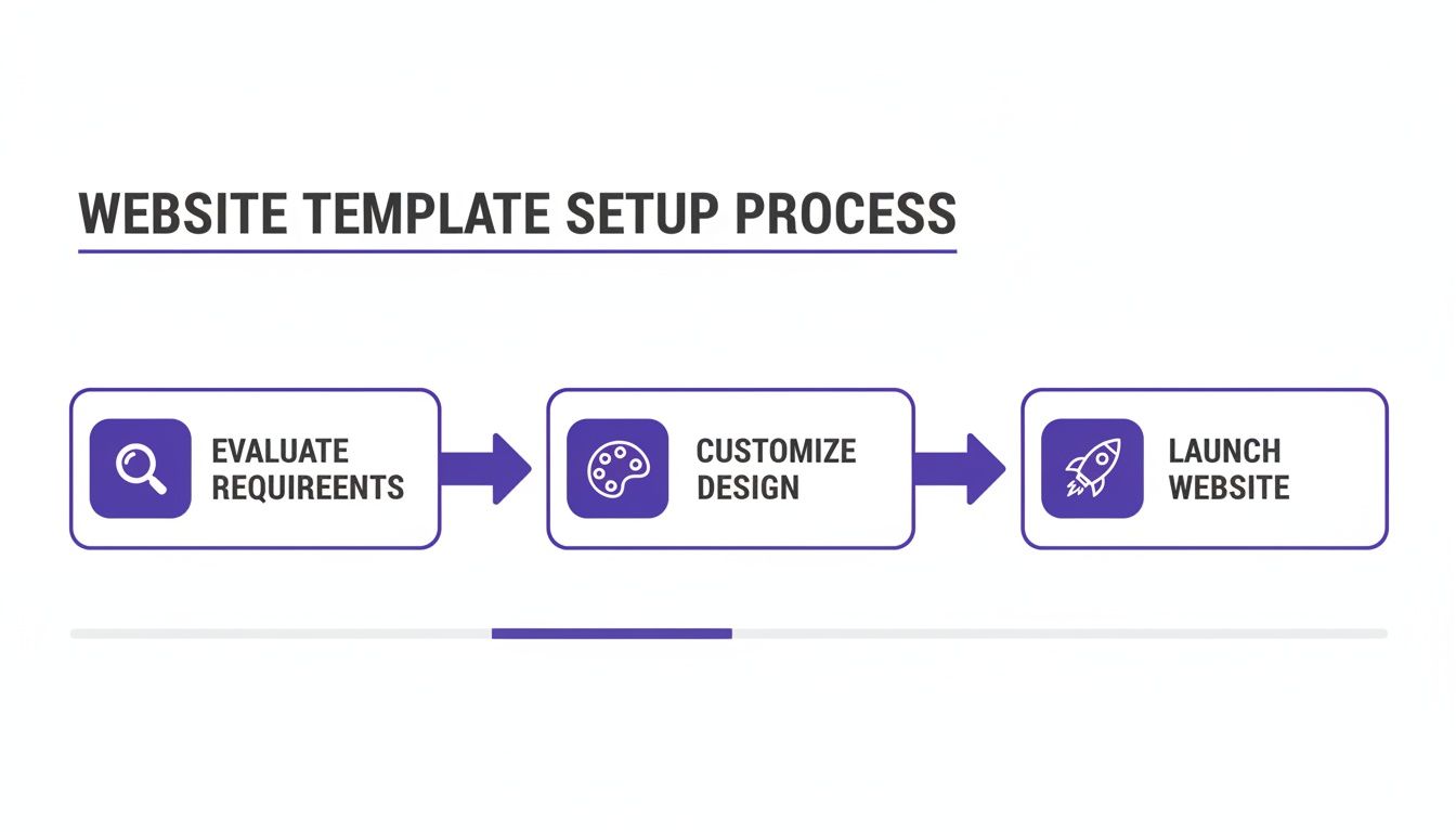 A three-step diagram outlining the website template setup process: evaluate requirements, customize design, and launch website.