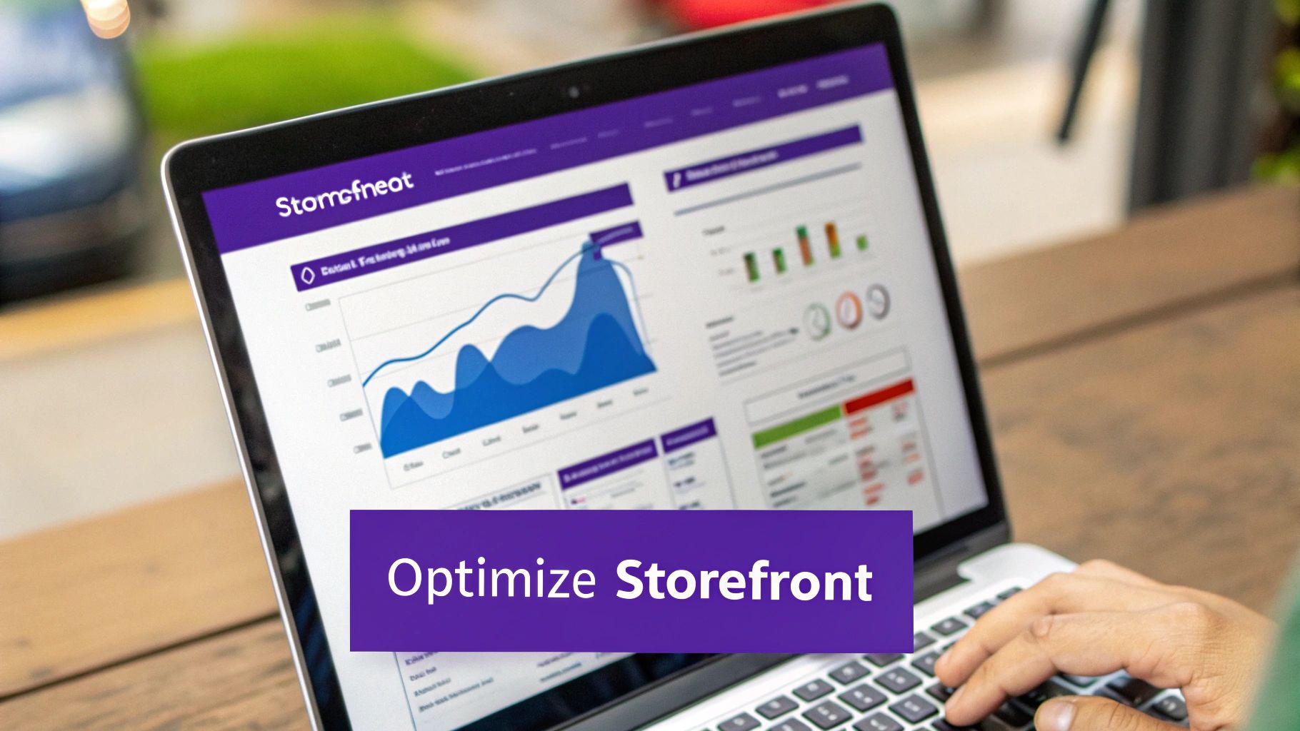 A person optimizes a storefront on a laptop, viewing performance charts and data dashboards.