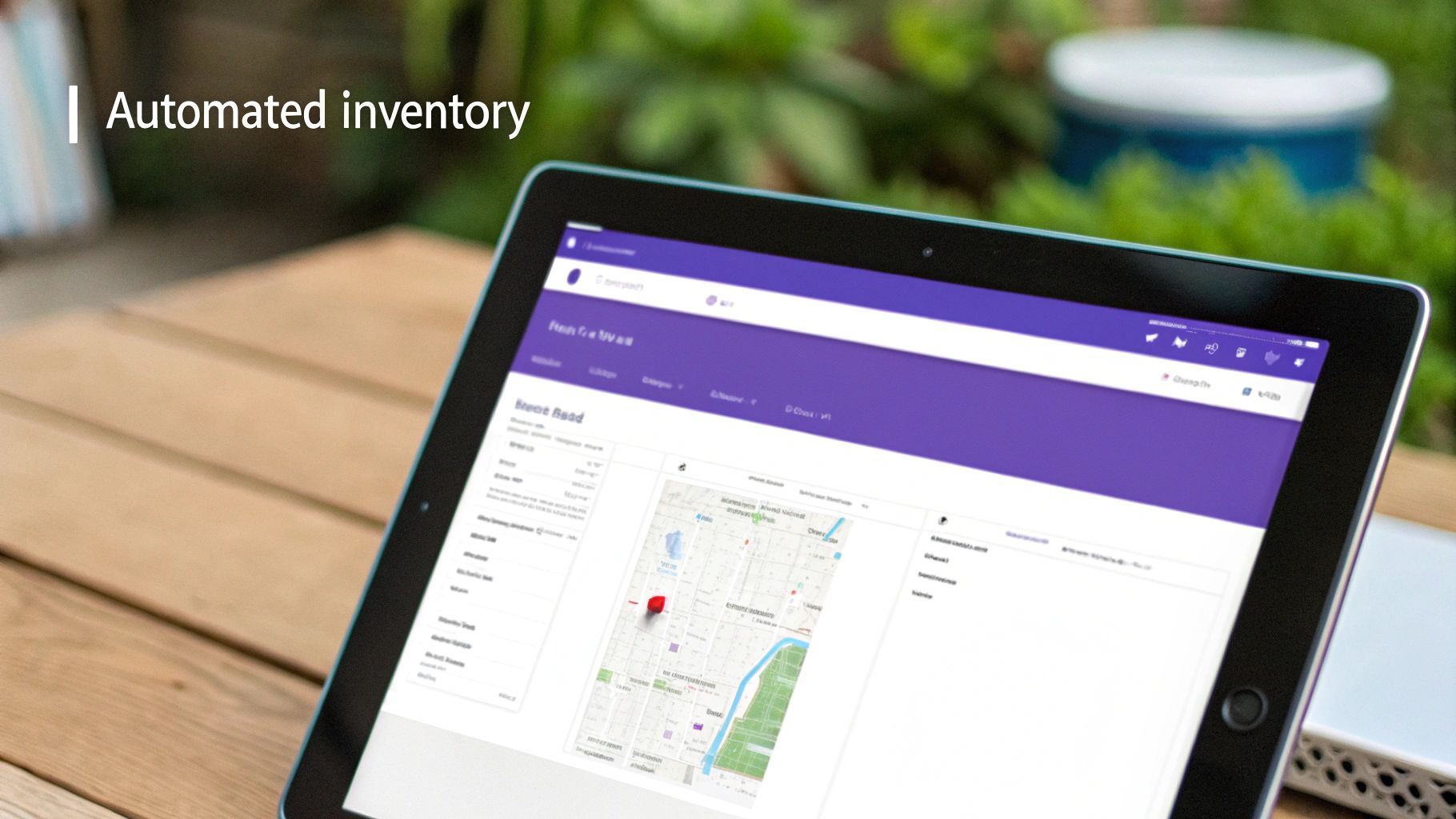 A tablet on a wooden table displaying an automated inventory management system with a map.