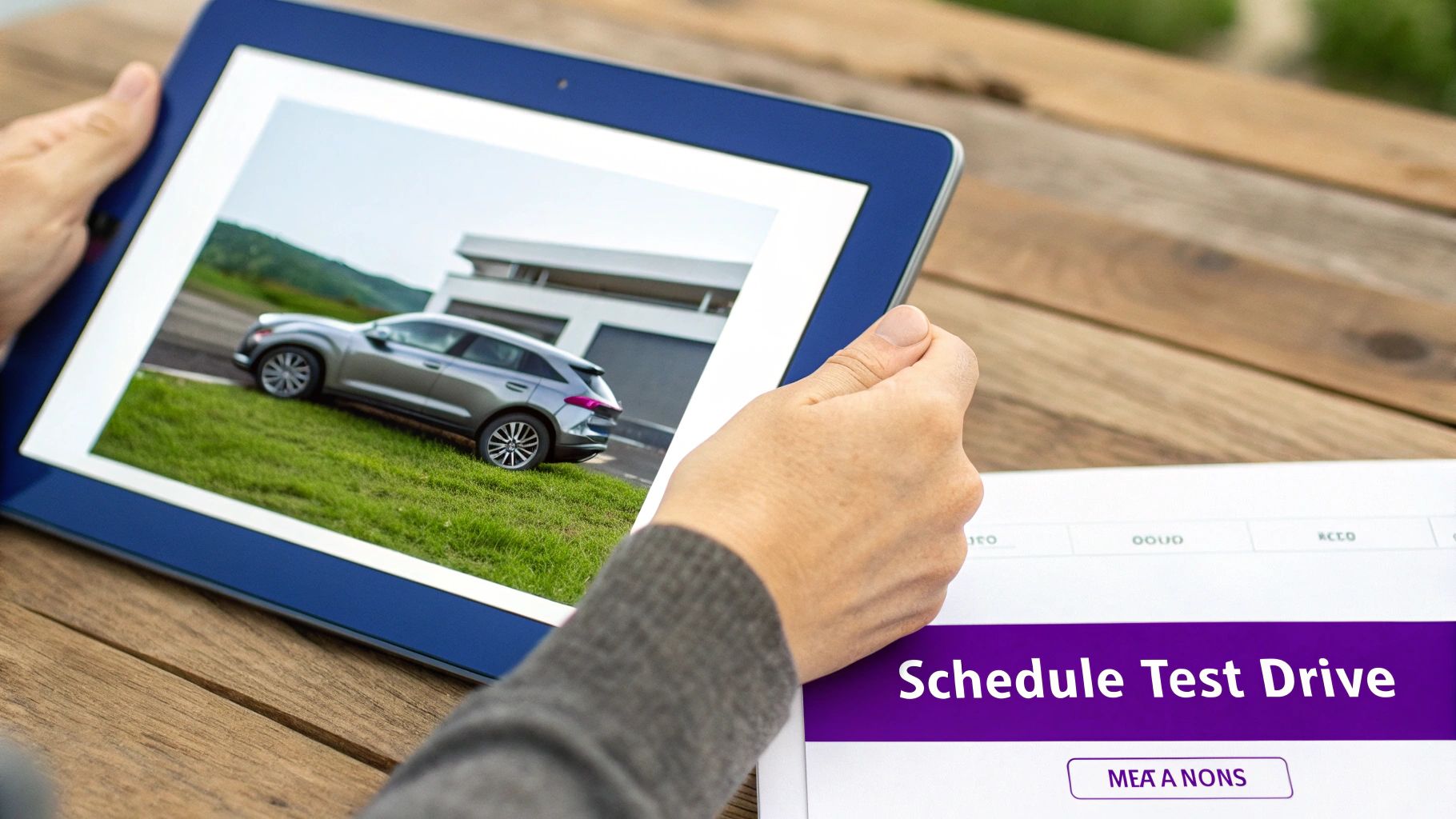 Person holding a tablet displaying a silver SUV; a document for scheduling a test drive is also visible.