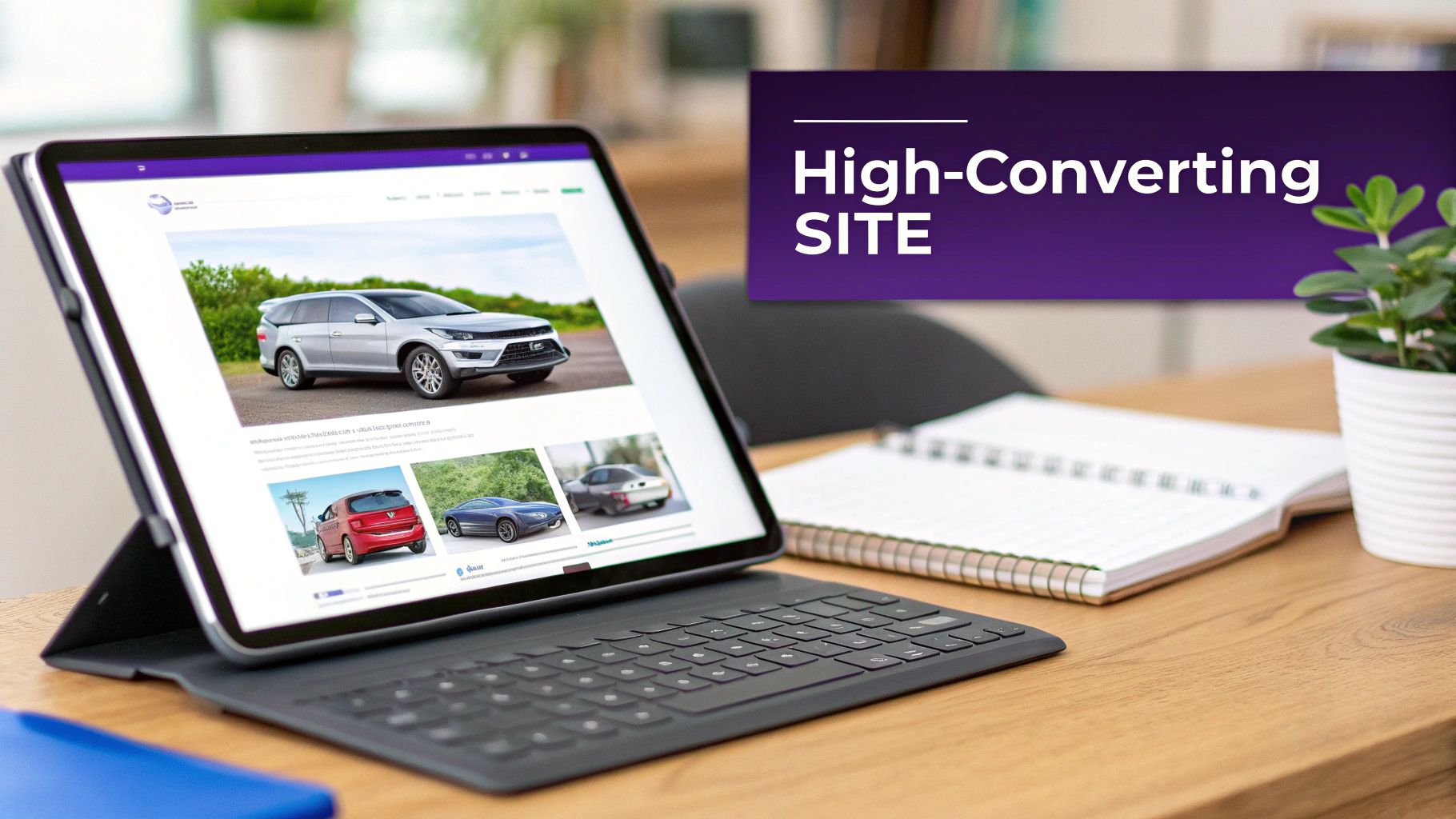 A tablet displays a high-converting auto dealership website on a wooden desk with a keyboard, notebook, and plant.