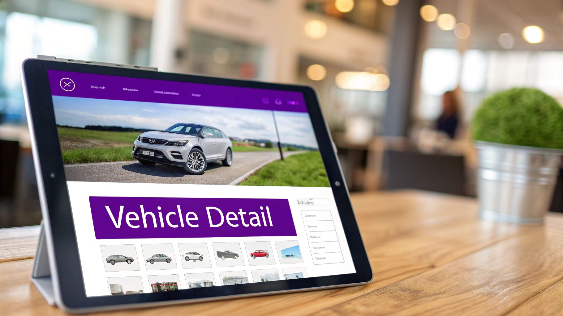 A tablet on a wooden table displays a car showroom website featuring a white SUV and other car images.