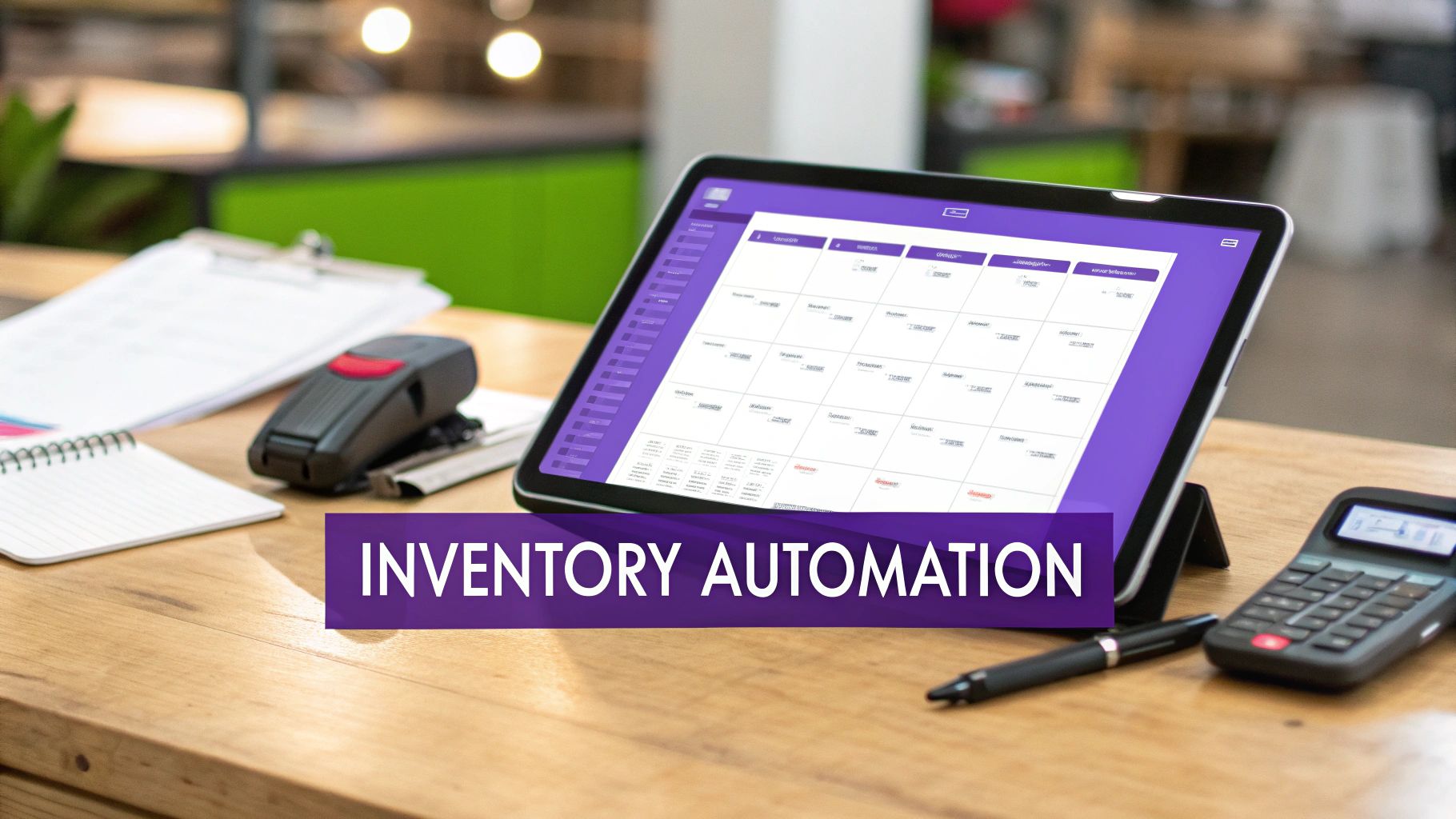 A tablet on a wooden desk displays inventory automation software, surrounded by office supplies.