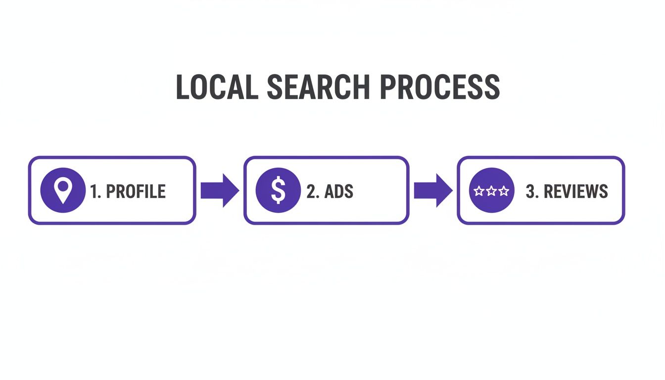 Flowchart illustrating the local search process with steps for profile, ads, and customer reviews.