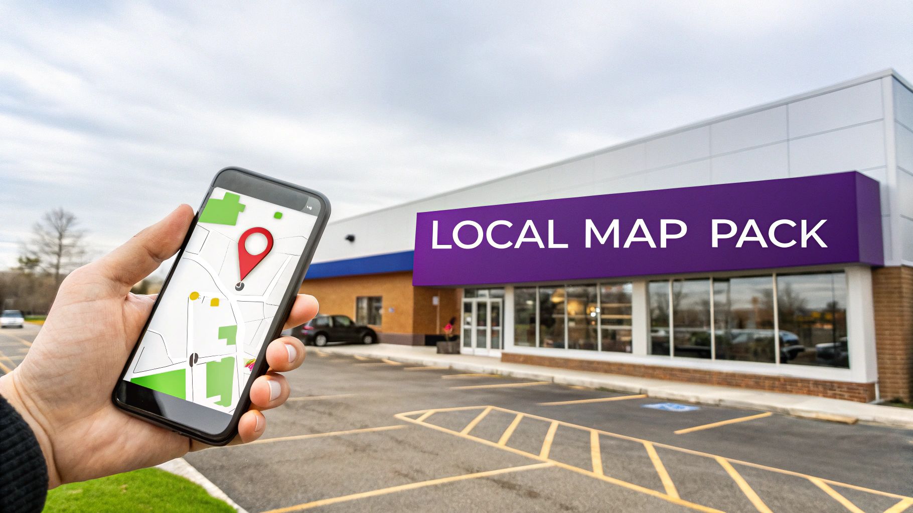 Hand holding a smartphone displaying a map with a location pin in front of a building with a 'LOCAL MAP PACK' sign.