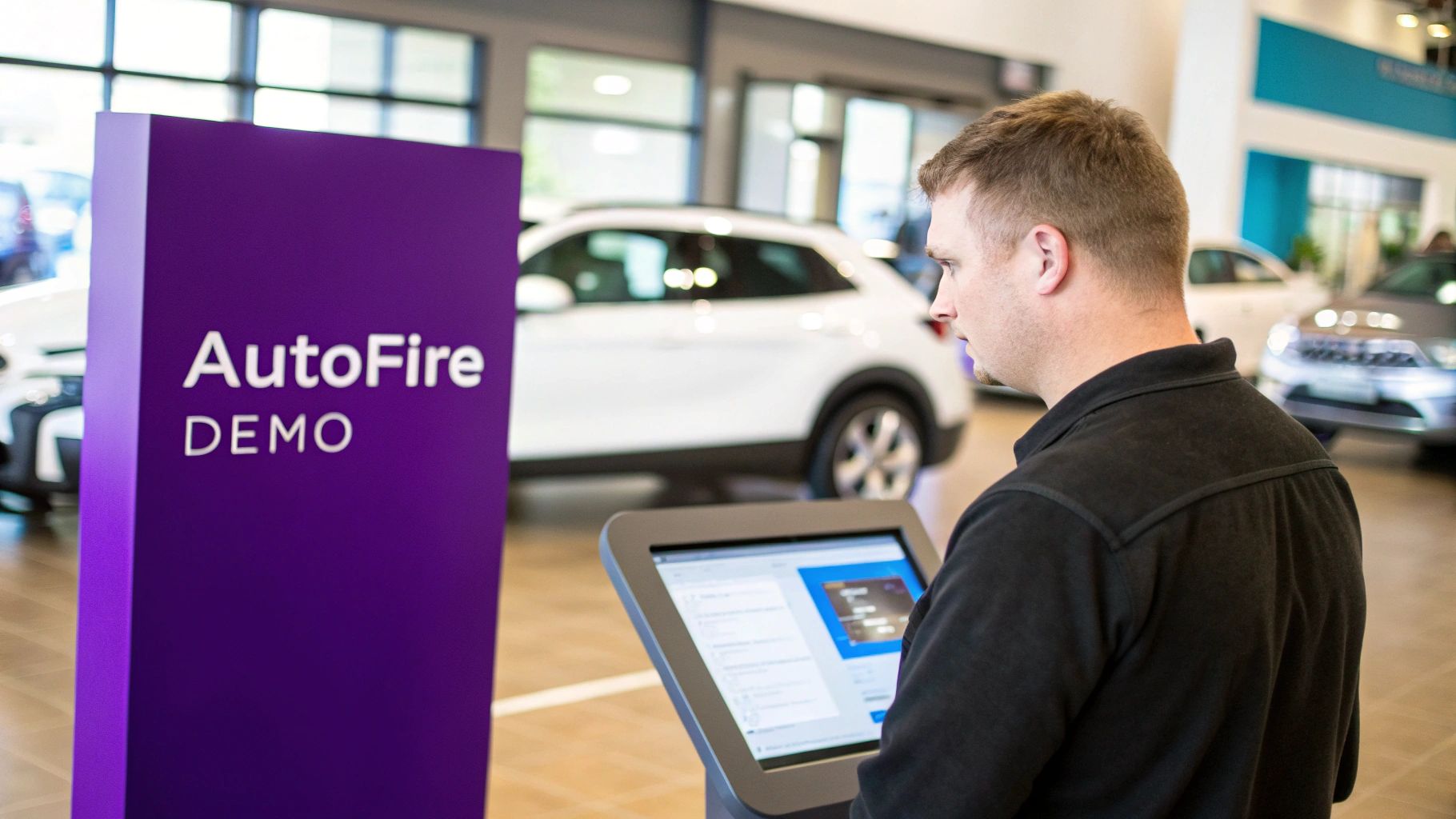 Man interacting with a digital kiosk featuring an "AutoFire DEMO" sign in a car dealership.