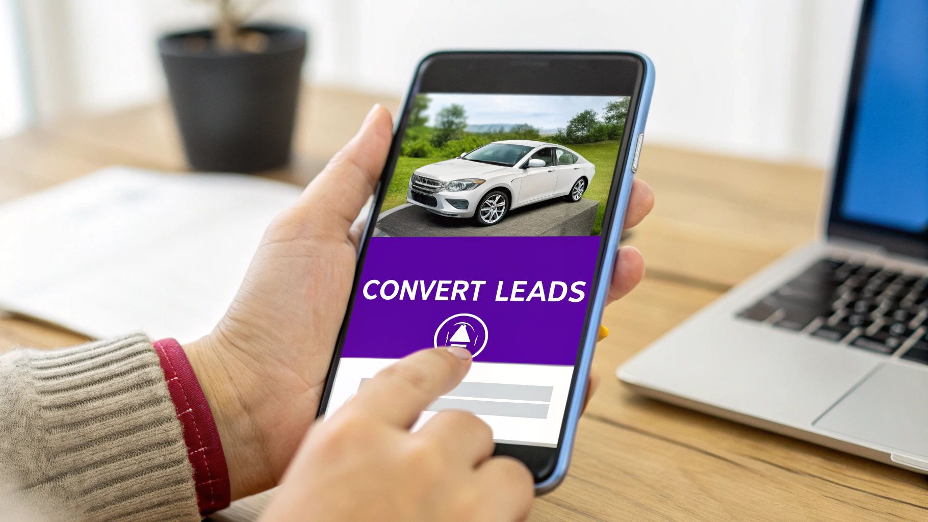 A hand holding a smartphone showing a white car and 'CONVERT LEADS' text on the screen.