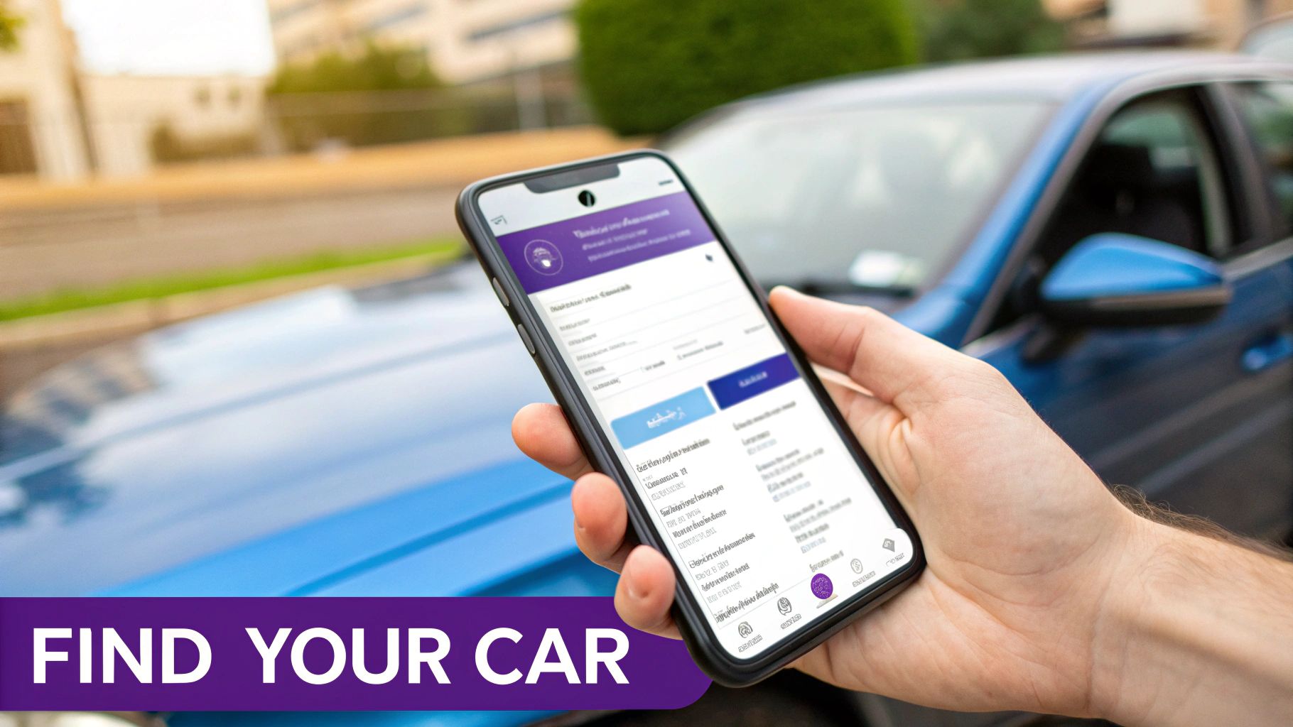 A hand holds a smartphone displaying a car search application with a blue car in the background.
