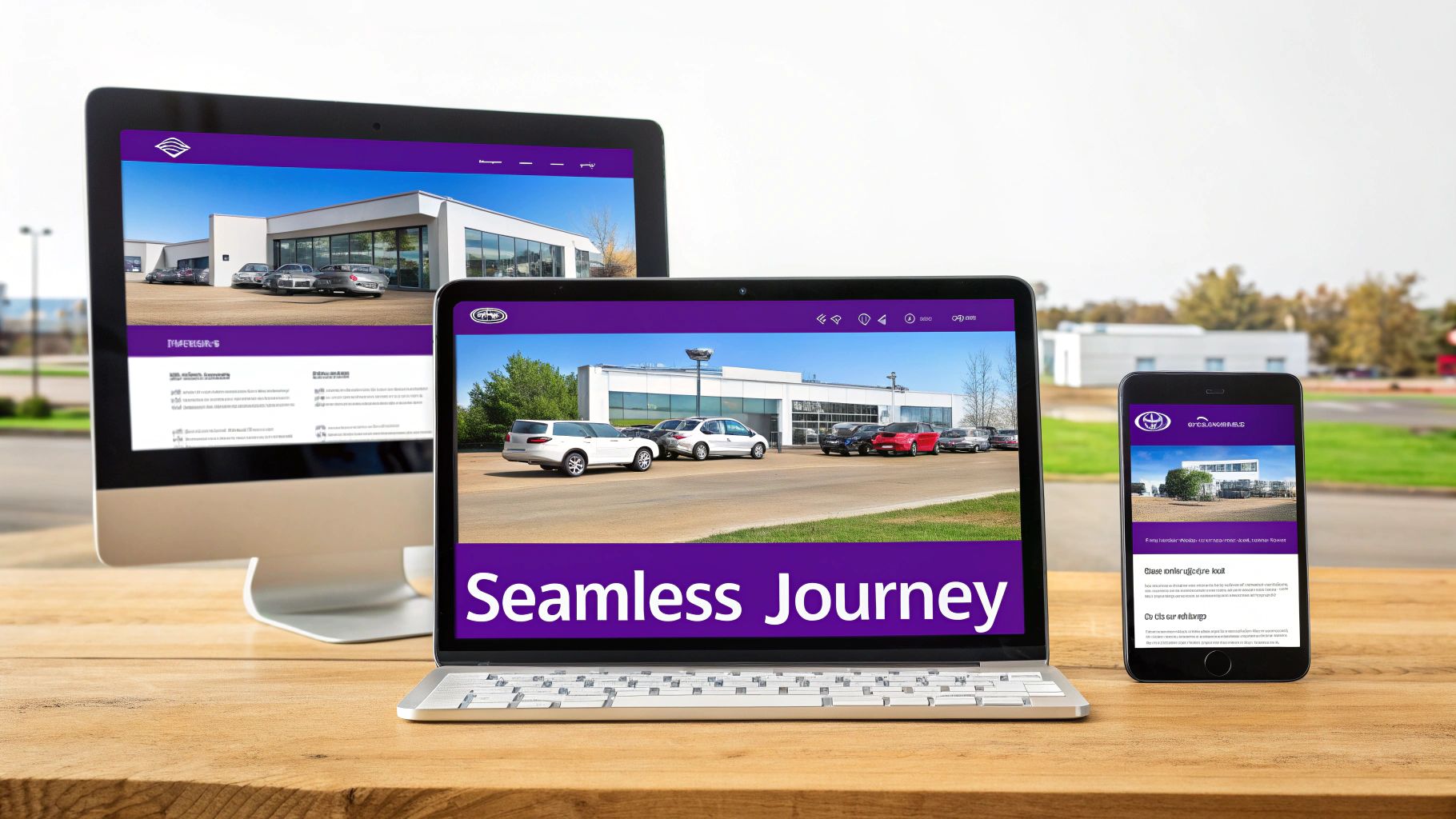 Responsive website design displayed on a desktop monitor, laptop, and smartphone, illustrating a seamless digital journey for a car dealership.
