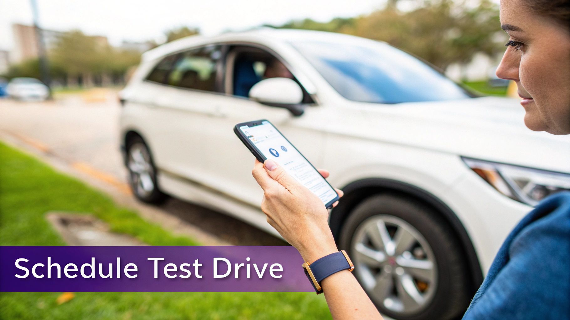 A person holds a smartphone with an app, interacting with a white SUV for a test drive.