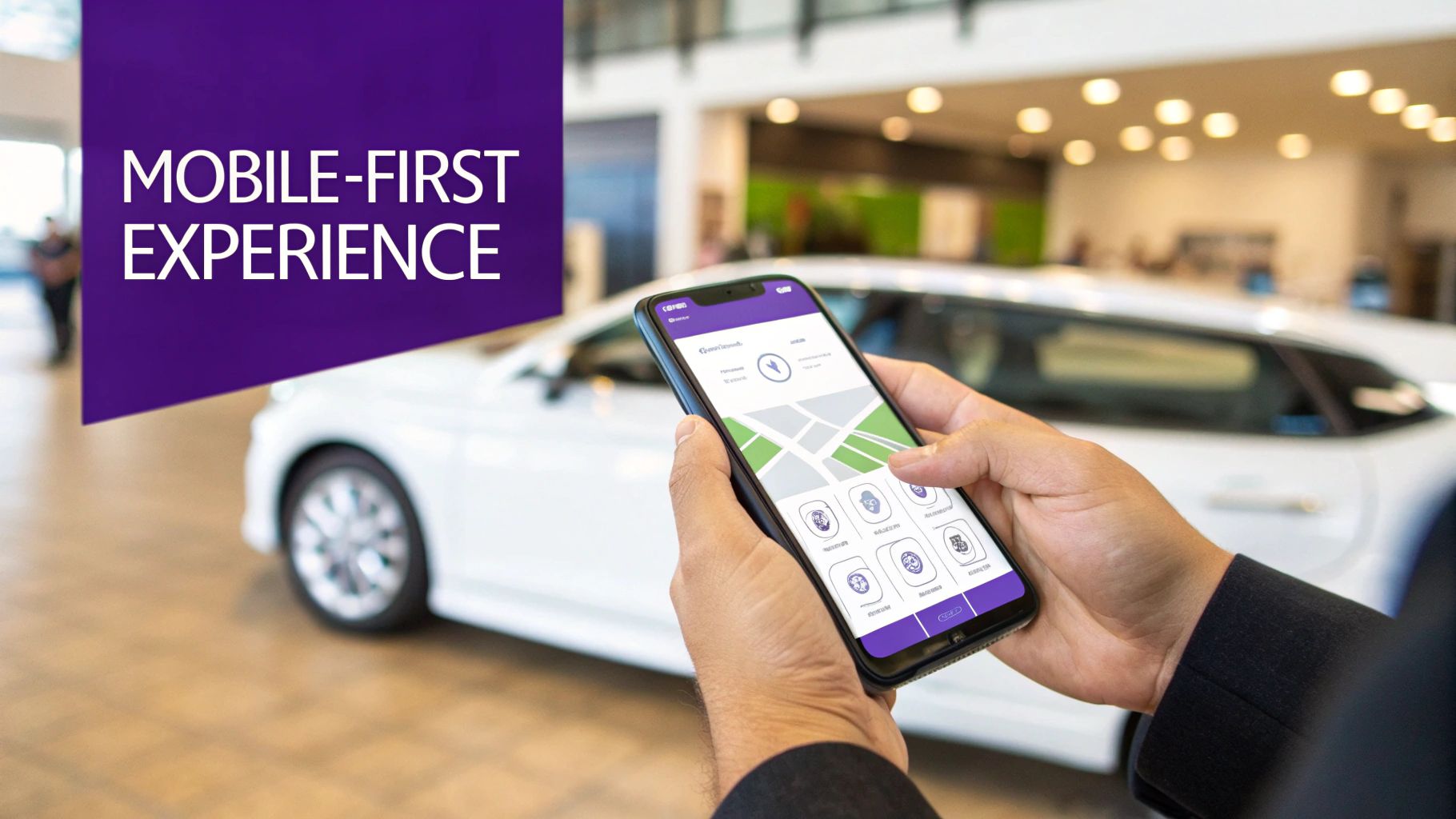 A person holds a smartphone displaying a mobile app with a map and icons, in a car showroom, with 'MOBILE-FIRST EXPERIENCE' text.