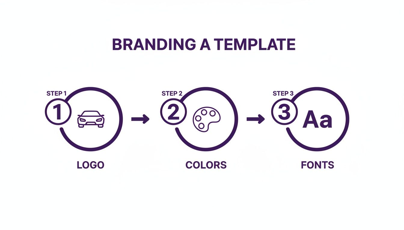 A three-step guide to branding a template, showing steps for logo design, color selection, and font choice.
