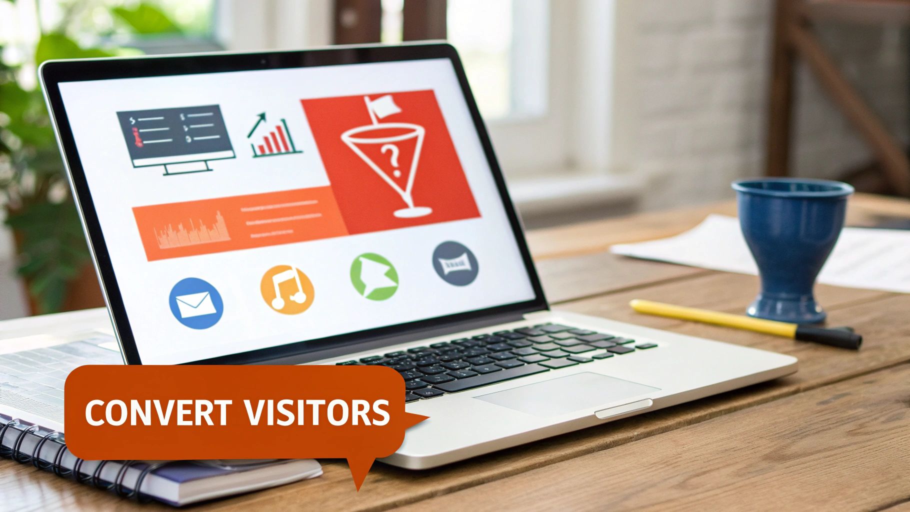 Laptop on a wooden desk displaying website analytics and a 'Convert Visitors' speech bubble.