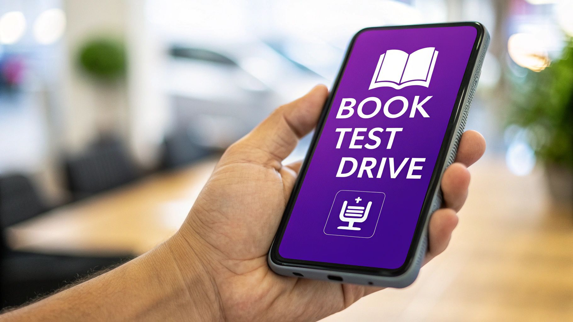 A hand holds a smartphone displaying 'BOOK TEST DRIVE' and a car seat icon on a purple screen, in a blurry car showroom.