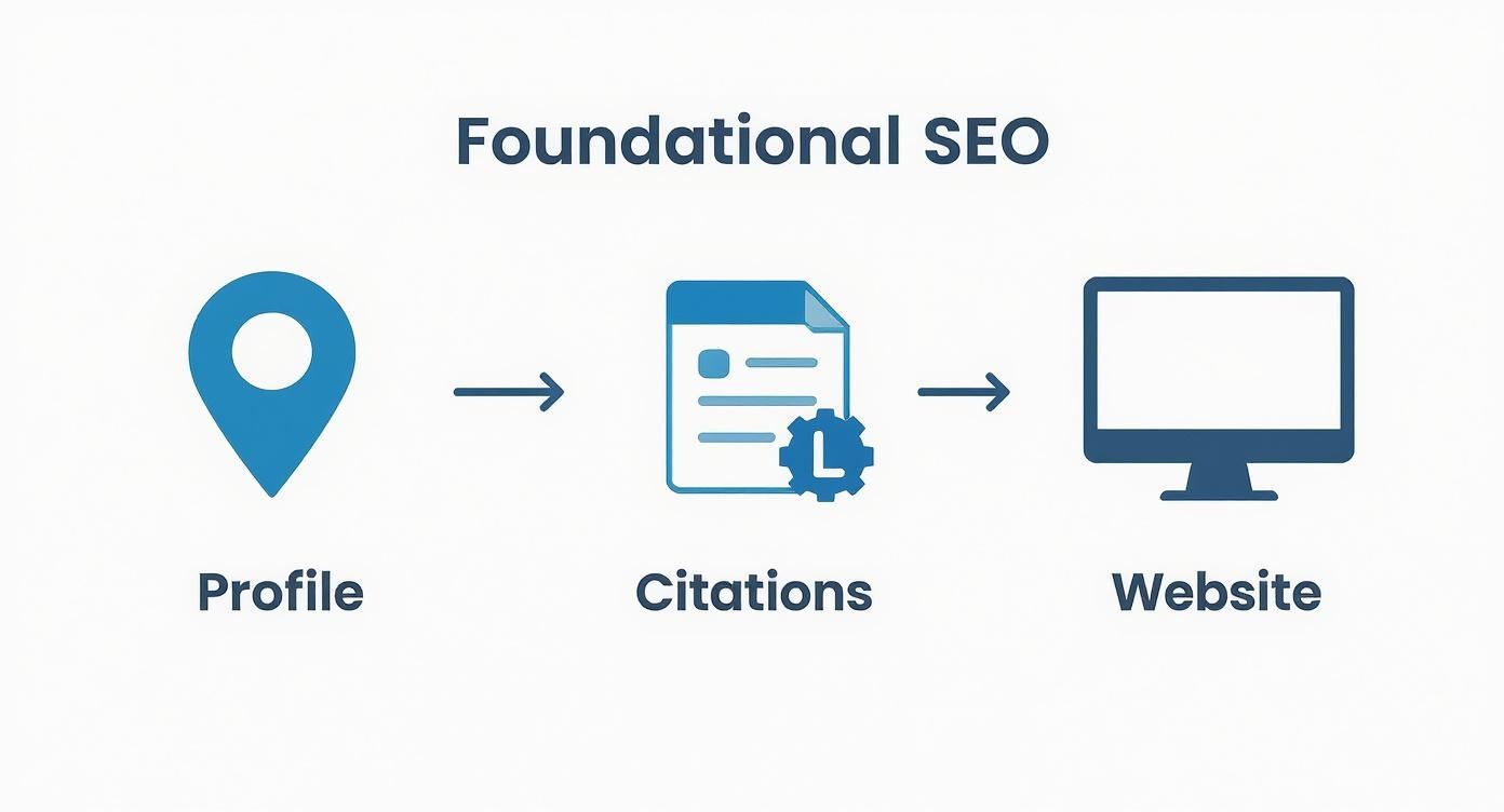 A foundational SEO process diagram showing steps: Profile, Citations, and Website, connected by arrows.