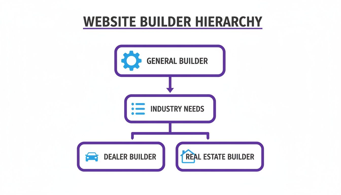 Hierarchy diagram showing a general website builder leading to industry-specific builders like dealer and real estate.