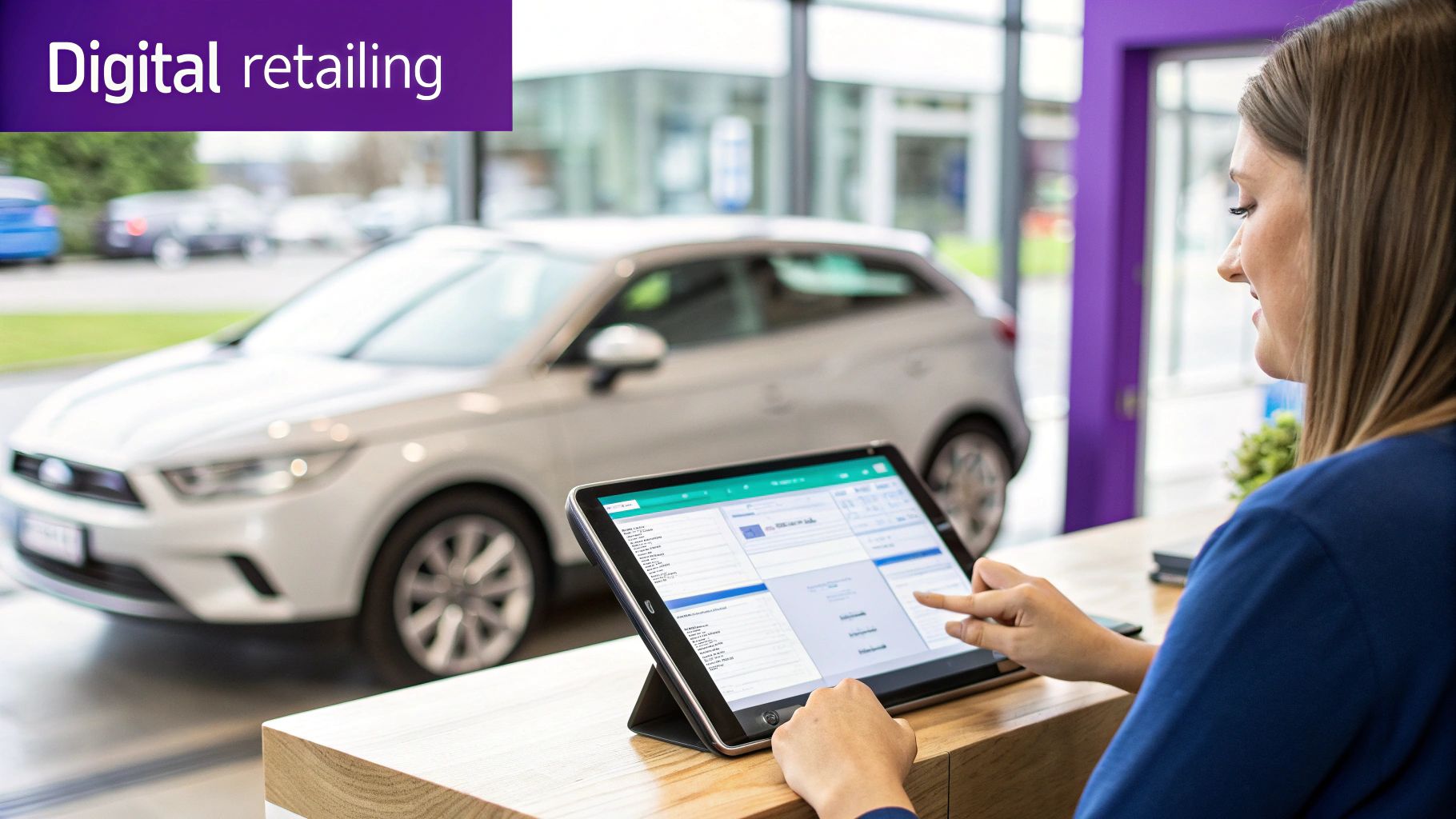 A woman uses a tablet in a modern car dealership, showcasing digital retailing solutions.