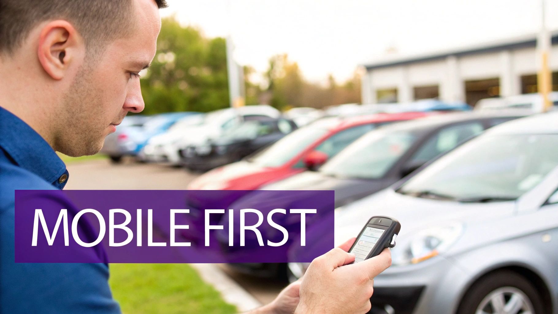 A man uses a smartphone in a car dealership lot, with a 'MOBILE FIRST' text overlay.
