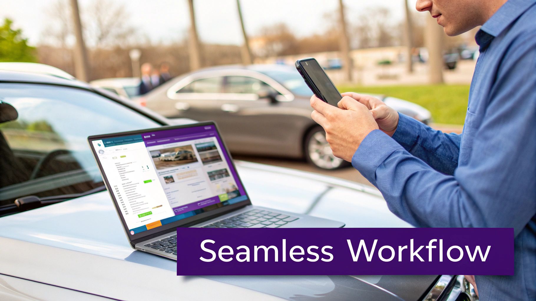 A person uses a smartphone and laptop on a car hood, showing car inventory for seamless dealership workflow.