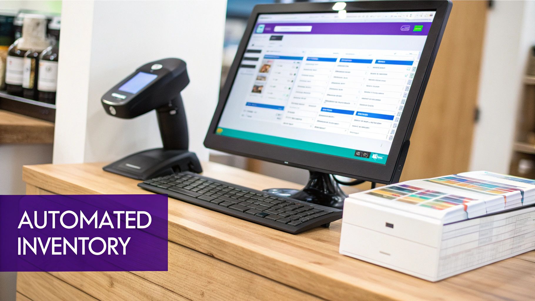 A modern point-of-sale system with a monitor, scanner, and keyboard on a wooden counter, highlighting automated inventory.