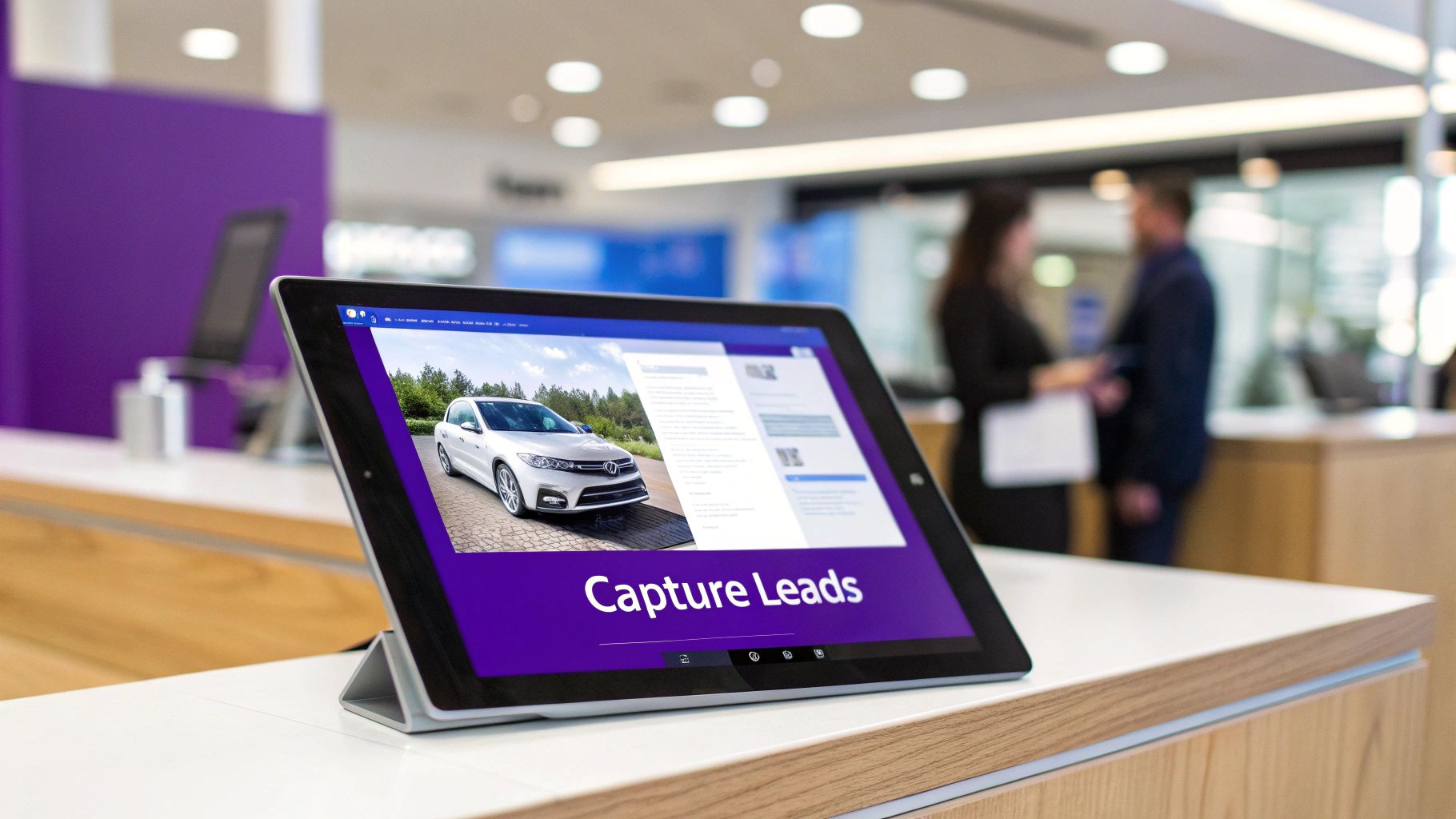 A tablet on a white counter displays a white car image and 'Capture Leads' text in a modern dealership.