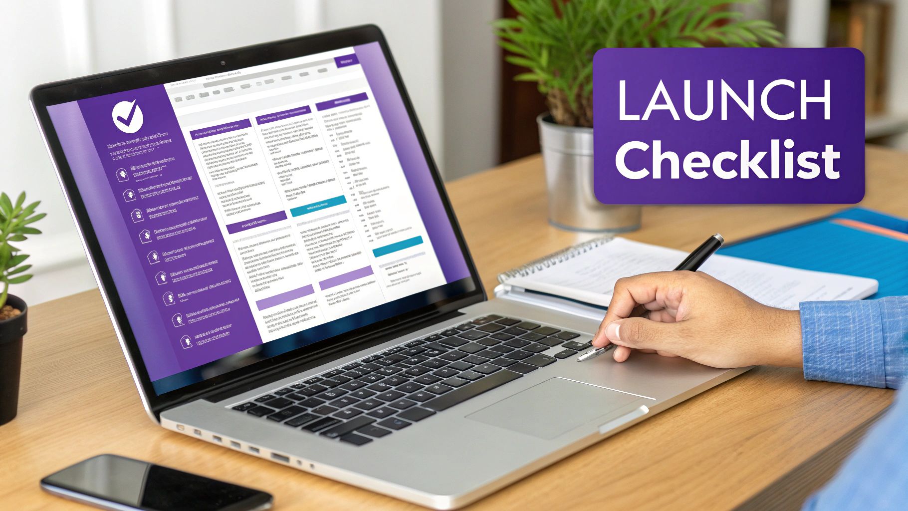 Person using a laptop displaying a 'LAUNCH Checklist' website, working at a desk.