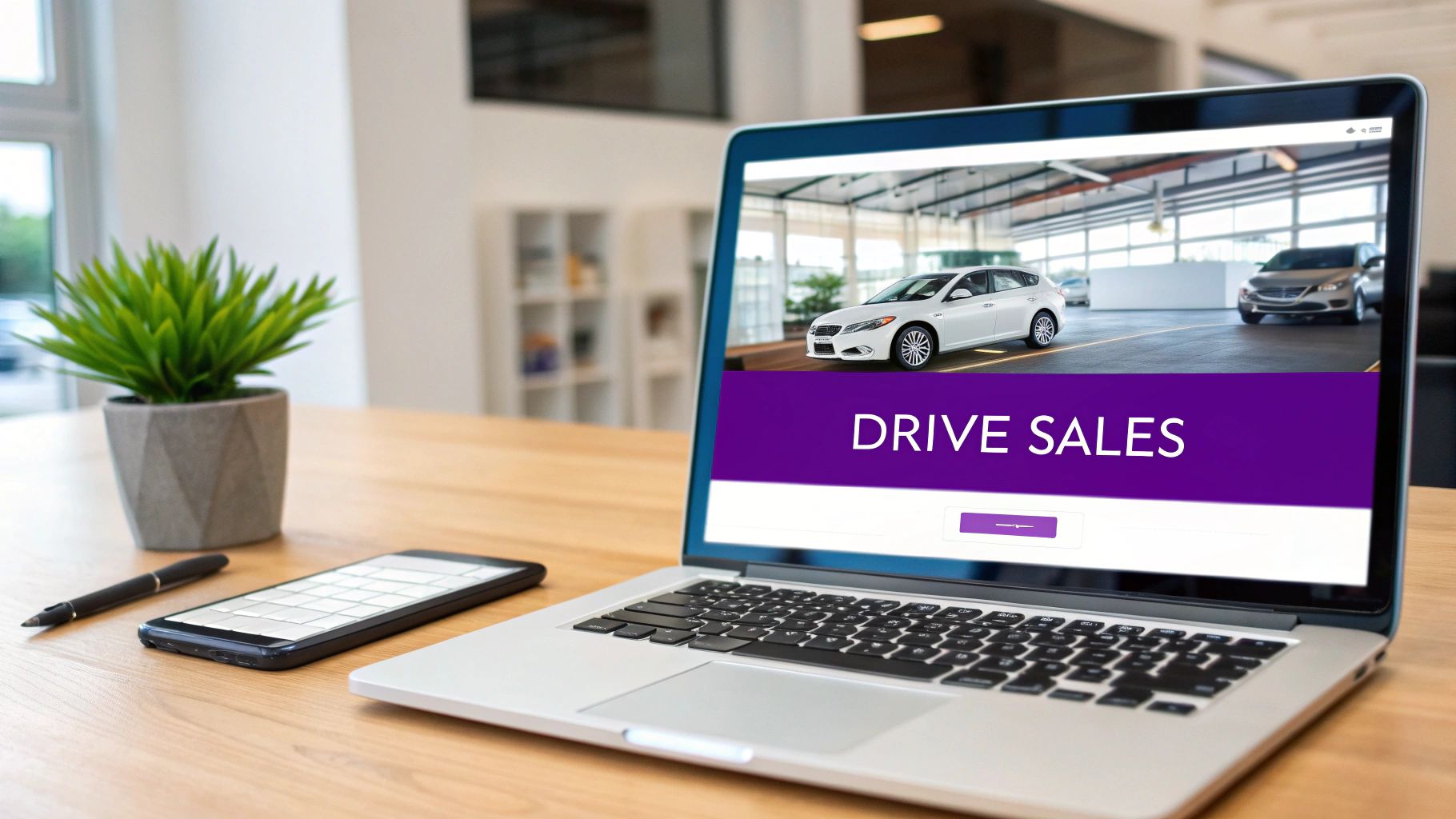 Laptop on a desk displaying a car dealership website with 'DRIVE SALES' text, alongside a phone and plant.