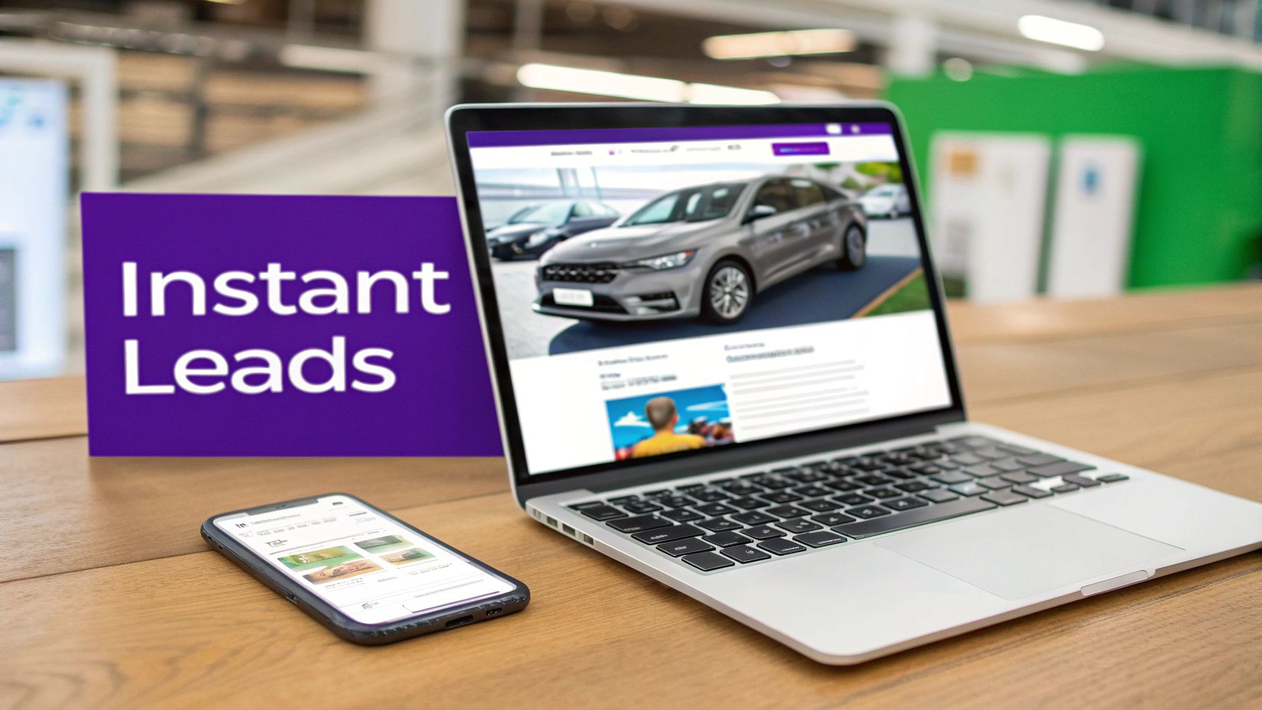 A laptop and smartphone on a wooden desk display car sales content with an 'Instant Leads' sign.