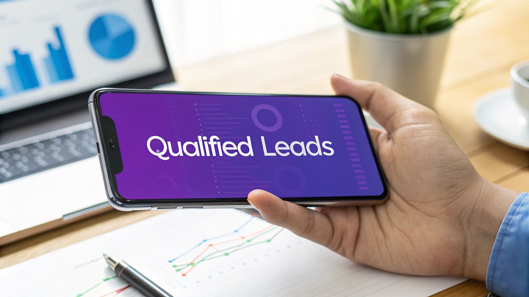 A person holds a smartphone displaying 'Qualified Leads' with business charts and graphs in the background.