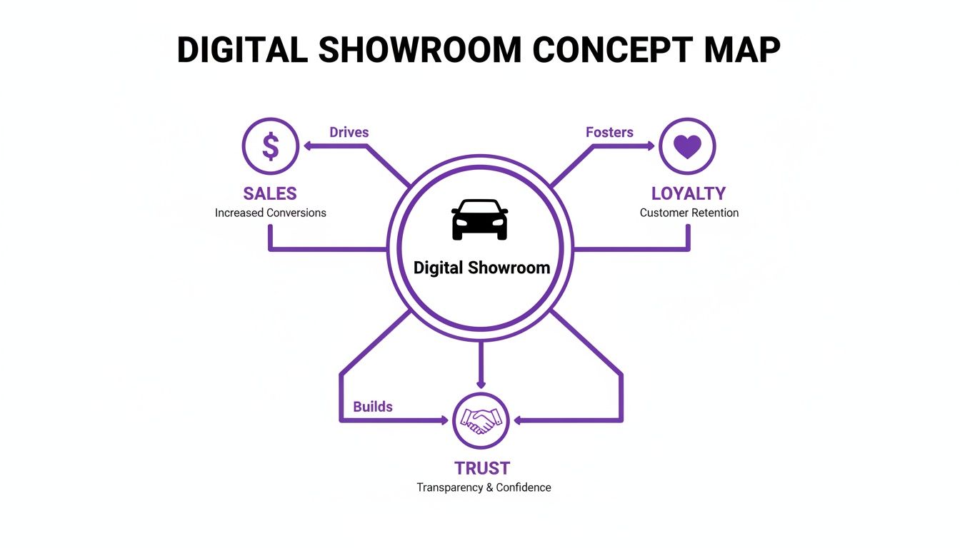 A concept map illustrating how a digital showroom drives sales, fosters loyalty, and builds customer trust.