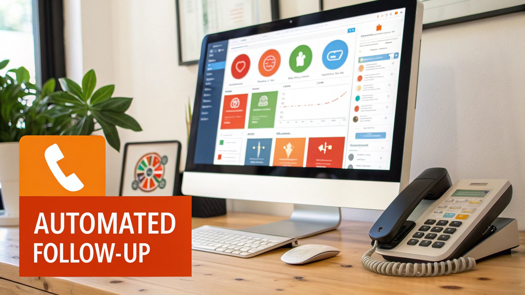 A desk with a computer displaying a dashboard, a landline phone, and a plant, promoting 'AUTOMATED FOLLOW-UP'.
