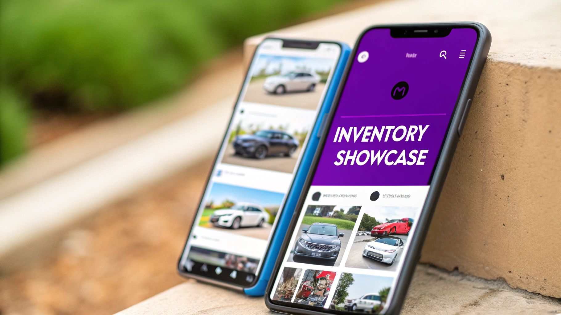 Two smartphones showcasing car inventory and vehicle images, representing modern car dealership marketing strategies.
